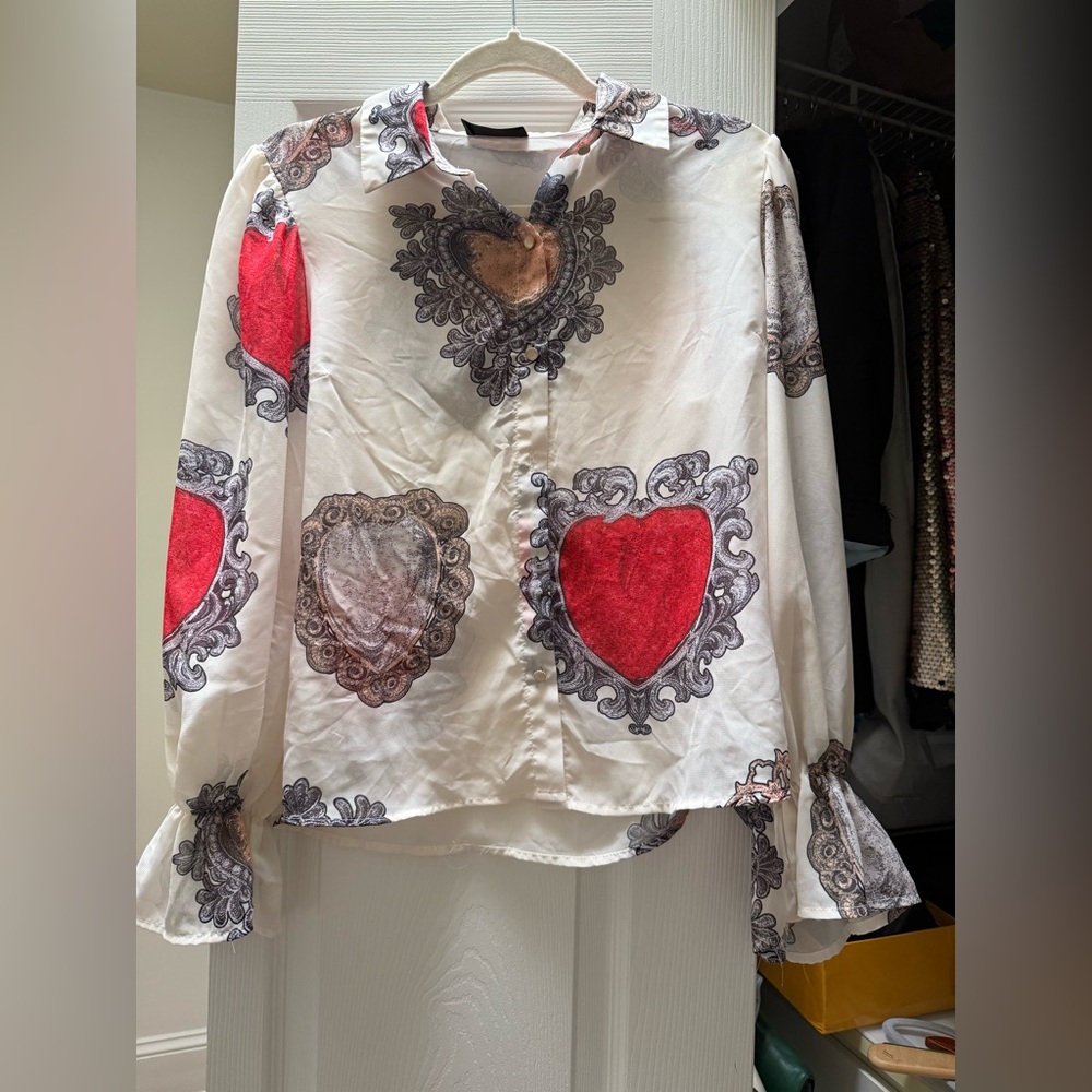 Heart Patterned Blouse with Red and Gray Accents